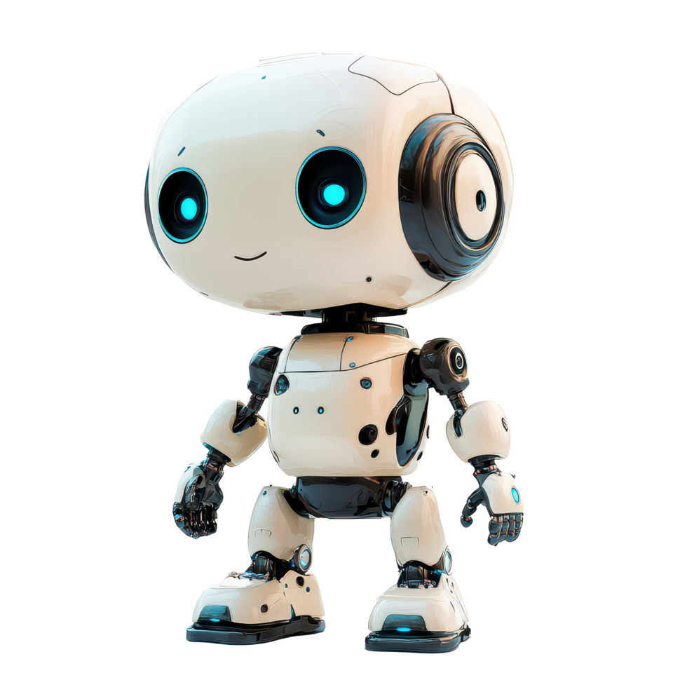An adorable AI robot character with a charming smile stands against a plain transparent background, Adorable AI Robot Character on transparent background png
