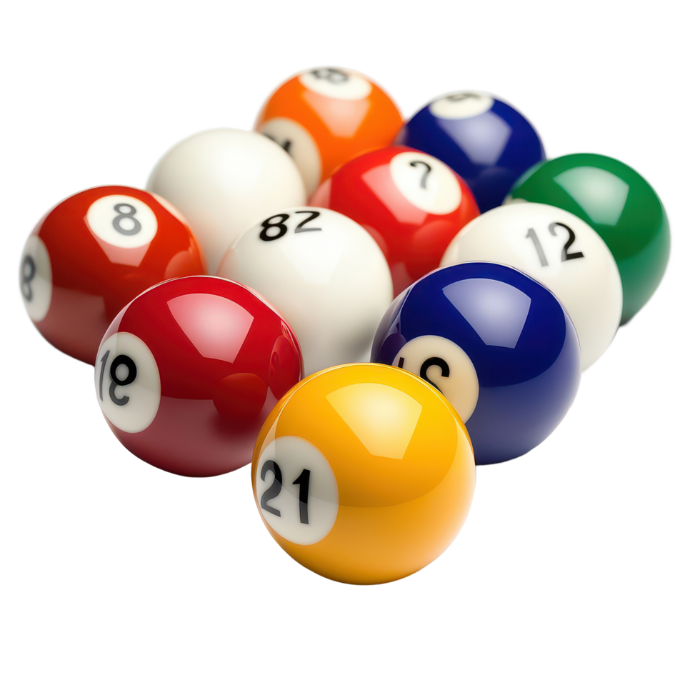 A collection of colorful billiard balls arranged on a transparent background for a game of pool or snooker, Billiard Balls, transparent background. png