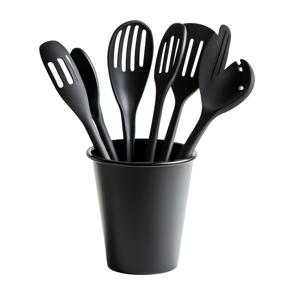 Black kitchen utensils arranged in a cup against a clean transparent background for a minimalist cooking aesthetic, Assorted kitchen utensils isolated on transparent background png