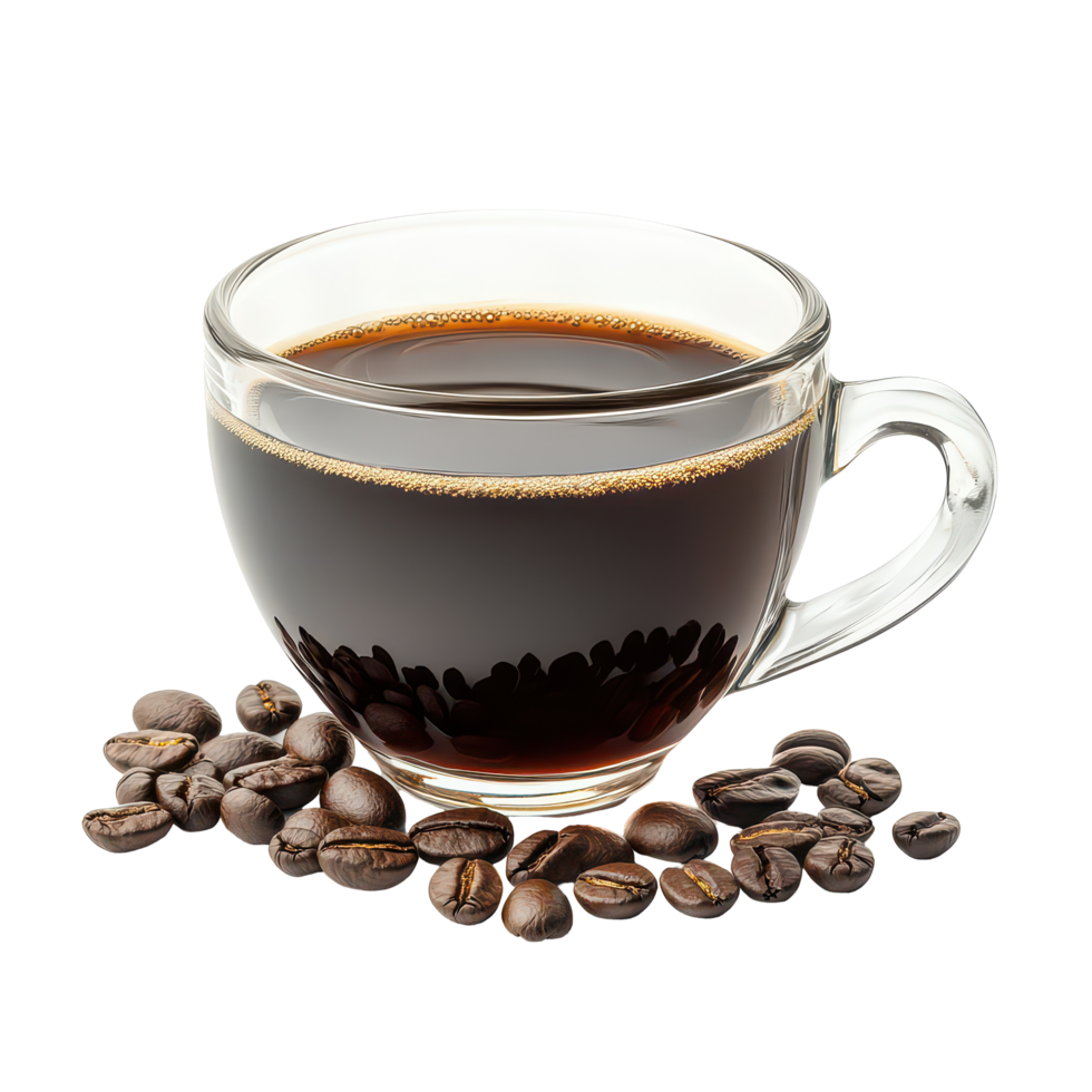 Rich black coffee in a clear glass cup with roasted coffee beans on a transparent background, Black coffee in glass cup and coffee beansisolated on transparent background png
