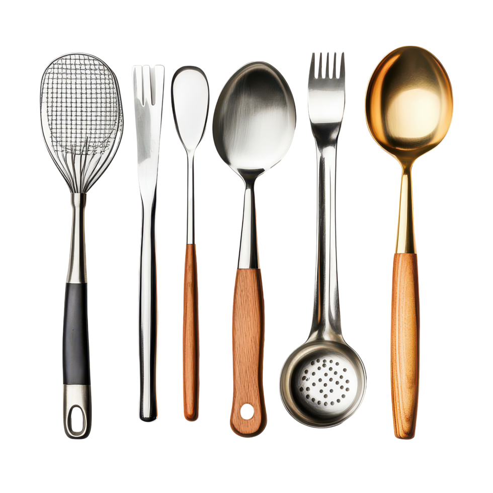 Assorted kitchen utensils laid out on a transparent background for culinary preparation and organization, Assorted kitchen utensils isolated on transparent background png