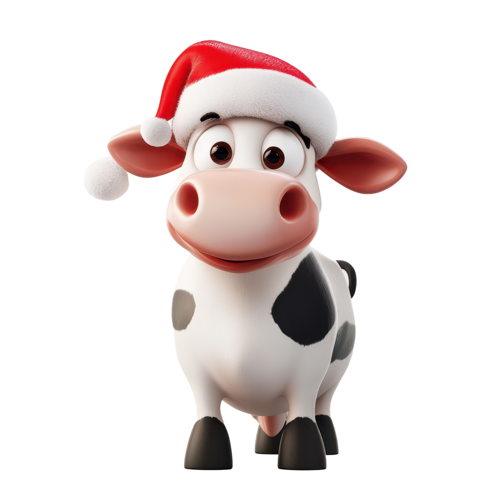 A cheerful cartoon cow wearing a Santa hat, bringing festive joy during the holiday season on a transparent background, 3D Cartoon Cow in Santa Hats on transparent background png