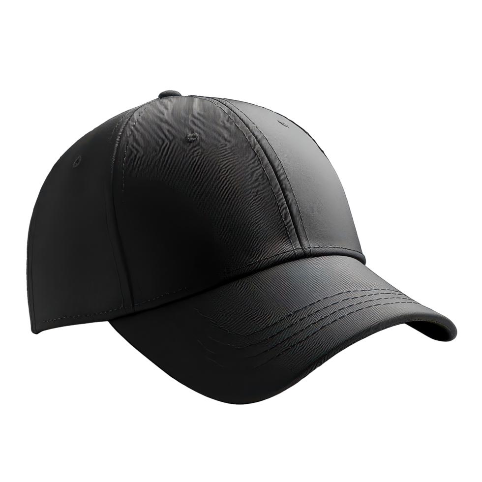 Simple black baseball cap against a clean transparent background highlighting its design and versatile style, Black baseball cap transparent background png