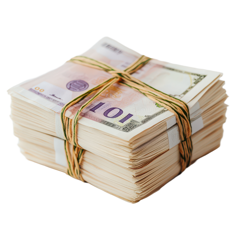 A detailed view of a neatly bundled stack of banknotes on a transparent background for financial representation, A bundle banknotes transparent background png