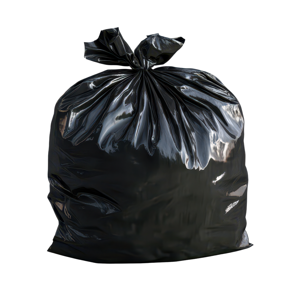 Black garbage bag isolated on a transparent background for waste disposal and recycling purposes, Black garbage bag isolated on transparent background png