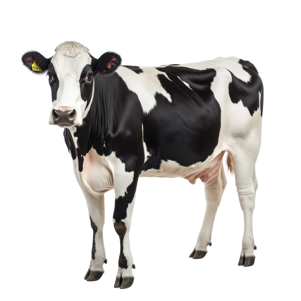 A solitary black and cow standing gracefully on a backdrop indoors, a black and cow is standing on top isolated a transparent background png