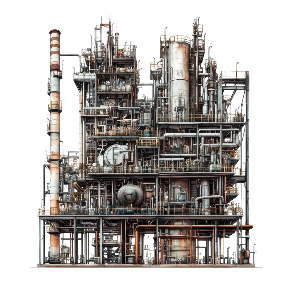 uma ampla industrial fábrica preenchidas com complexo redes do tubos e tubos durante dia operações, uma enorme fábrica com muitos tubos e tubos dentro isto, transparente fundo. png