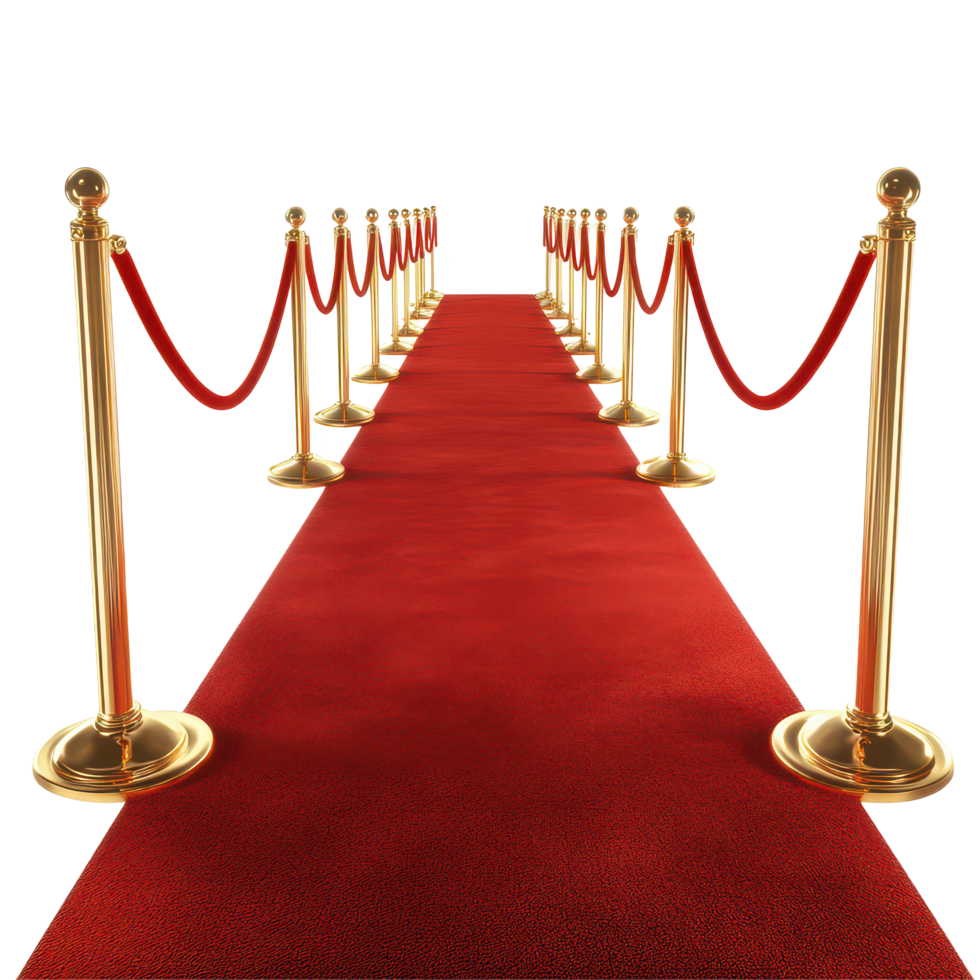 Glamorous red carpet lined with gold barriers for a prestigious event at an elegant venue, a red carpet with gold barriers creating a glamorous entrance, transparent background. png