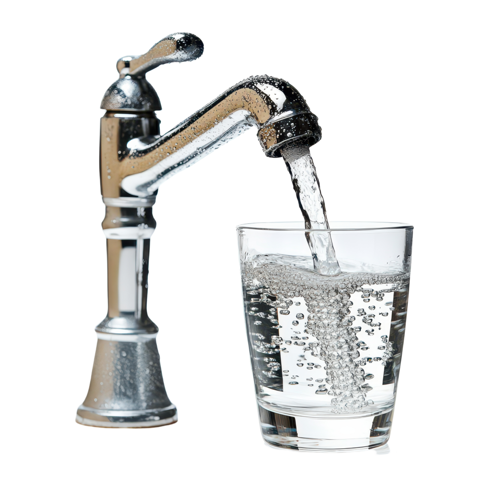 Clear water flows from a metal faucet into a glass against a transparent background, highlighting purity and freshness, a water faucet and a glass water, transparent background. png