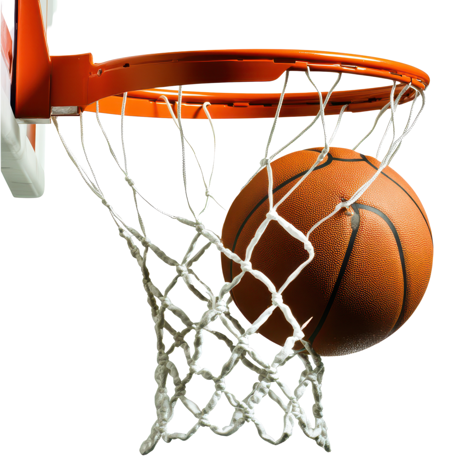 A basketball swishes through the net of a hoop during a game in a gymnasium on a sunny afternoon, basketball going through the net a basketball hoop, transparent background. png
