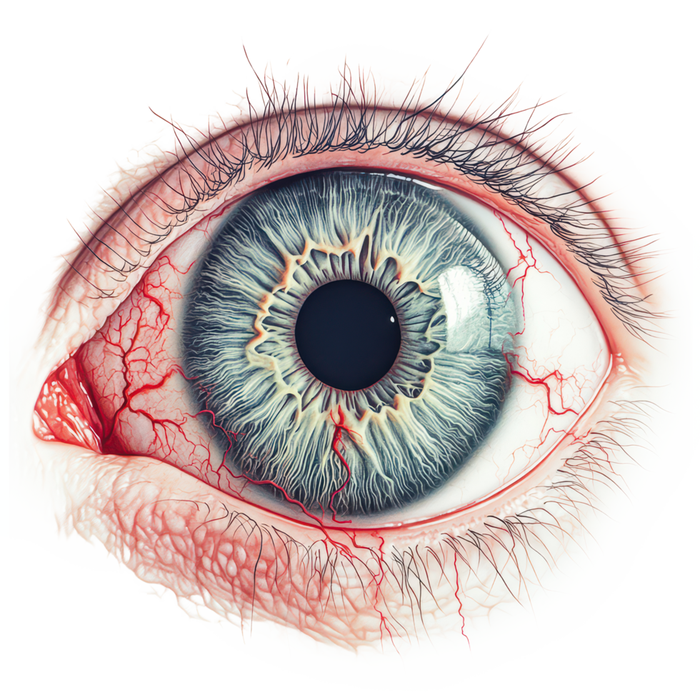 Detailed anatomical closeup of a bloodshot human eye showcasing intricate iris patterns and capillary structures, Anatomical Close-up a Human Eye with Bloodshot Capillaries, transparent background. png