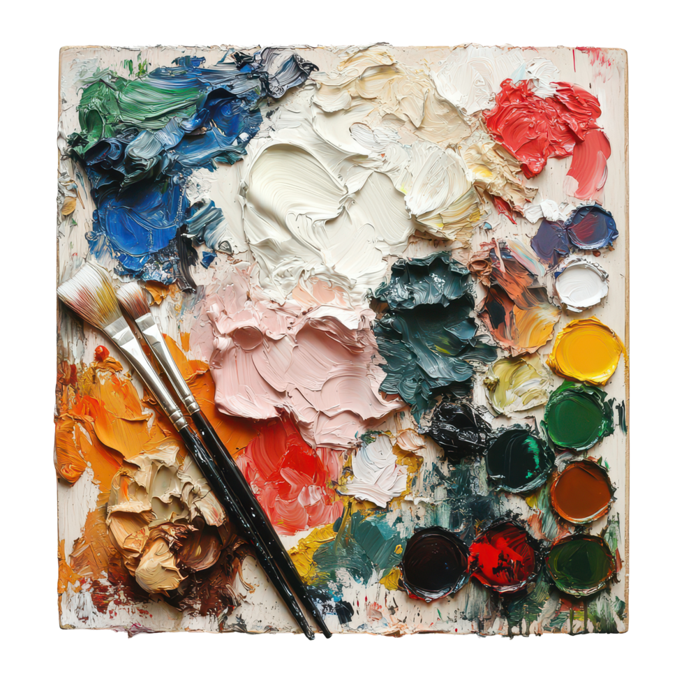 Artistic paint palette with vibrant colors and brushes against a transparent background for creative projects, Artistic Paint Palette, transparent background. png