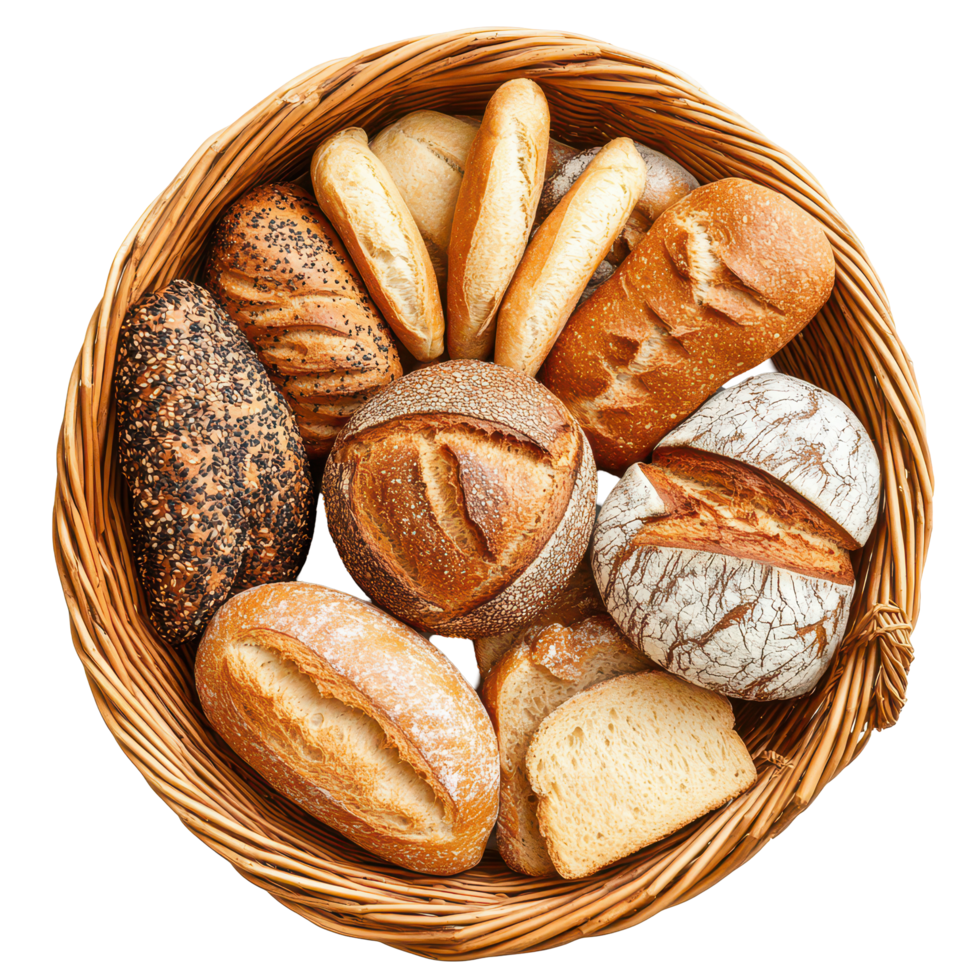 A beautifully arranged basket filled with various types of bread from different cultures viewed from above, Basket with different kinds bread Top view Isolate on transparent background png