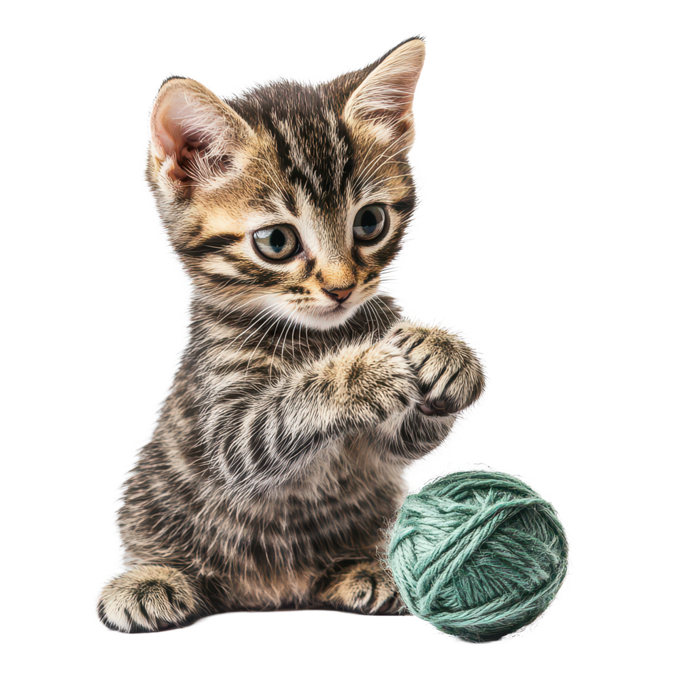 Curious kitten playfully paws at a soft yarn ball against a clean transparent background, a kitten playing with a ball yarn, transparent background png