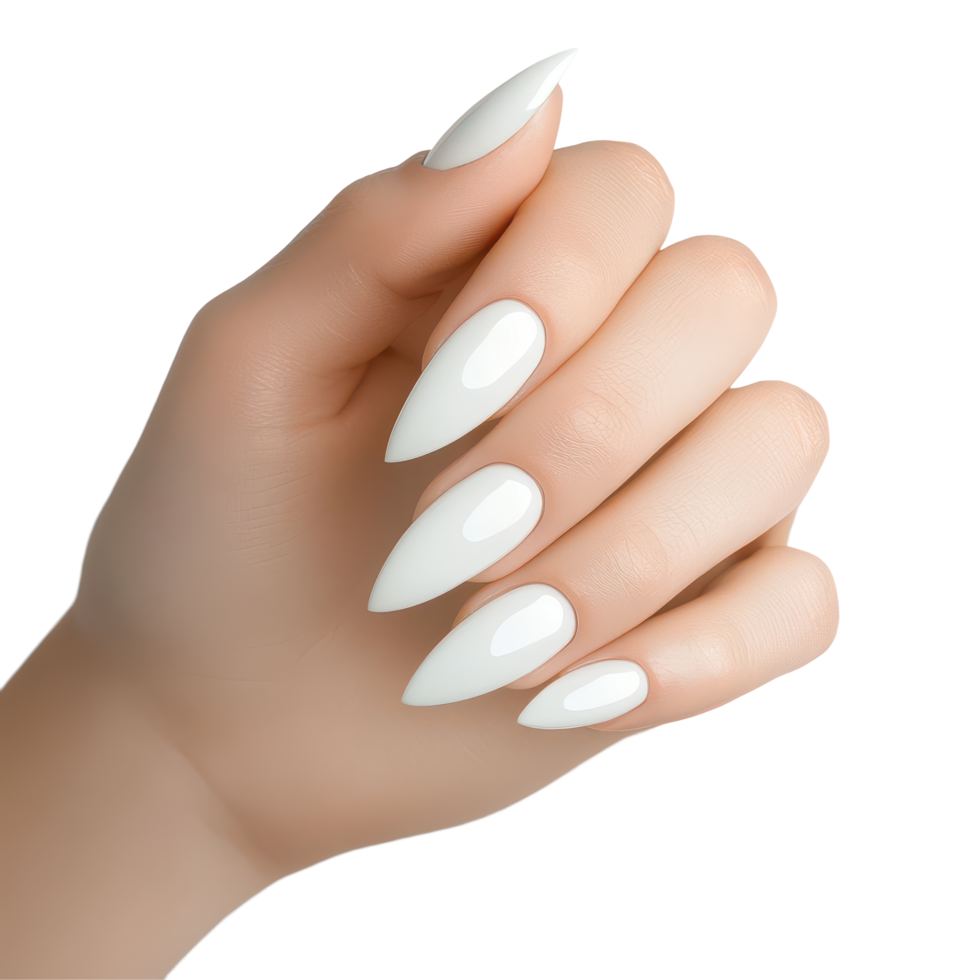 A woman's hand showcases an elegant manicure against a light background with perfectly shaped nails, A woman's hand with a beautiful manicure, transparent background. png