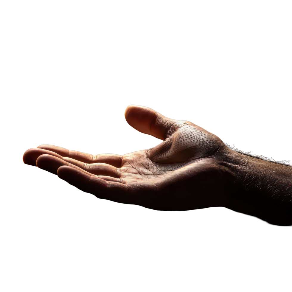 A Christian hand with an open palm engaged in prayer against a dark background, A Christian hand with open palm praying png