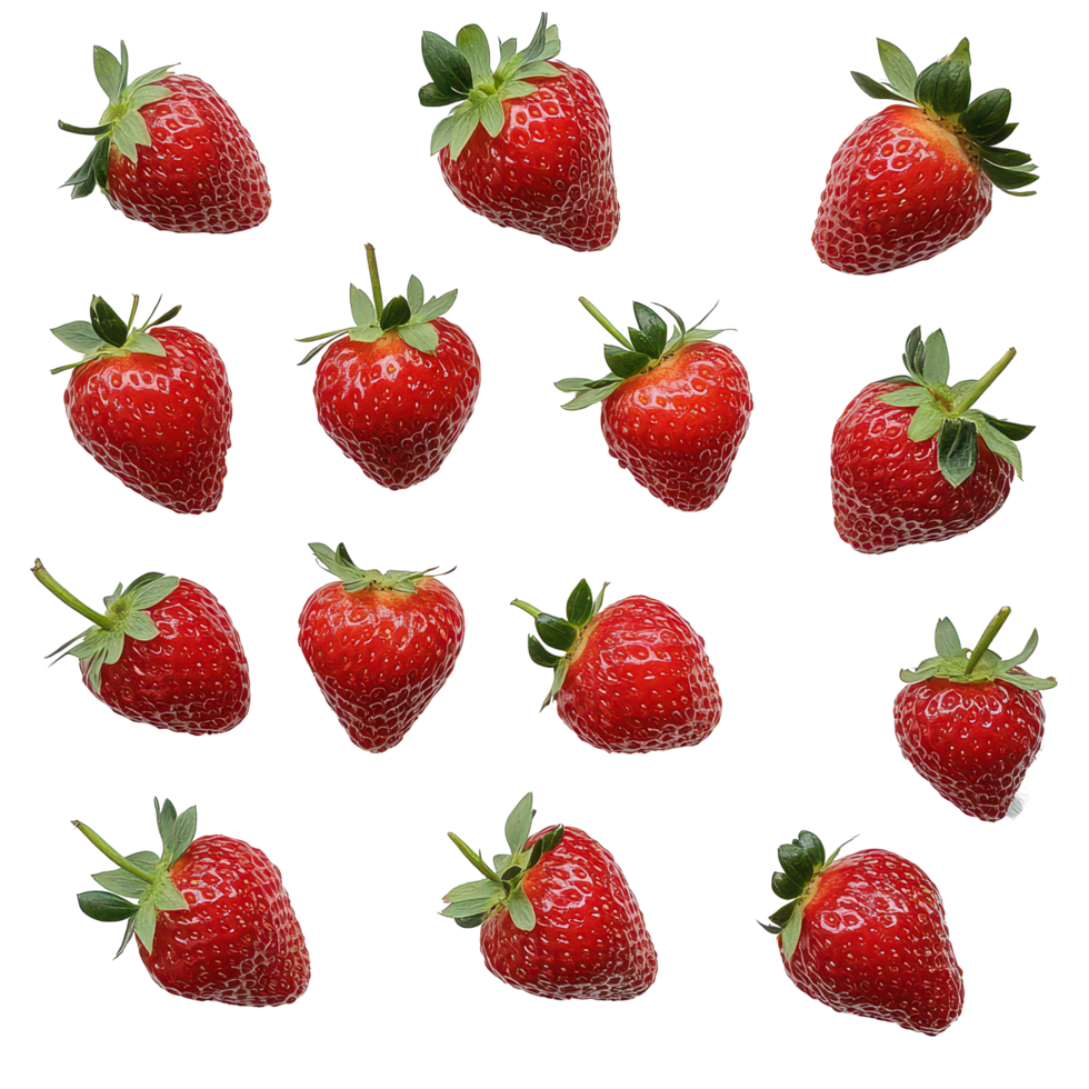 Fresh strawberries arranged beautifully in a pattern on a clean transparent background showcasing their vibrant color, 2024 Formed by Strawberries on transparent background png
