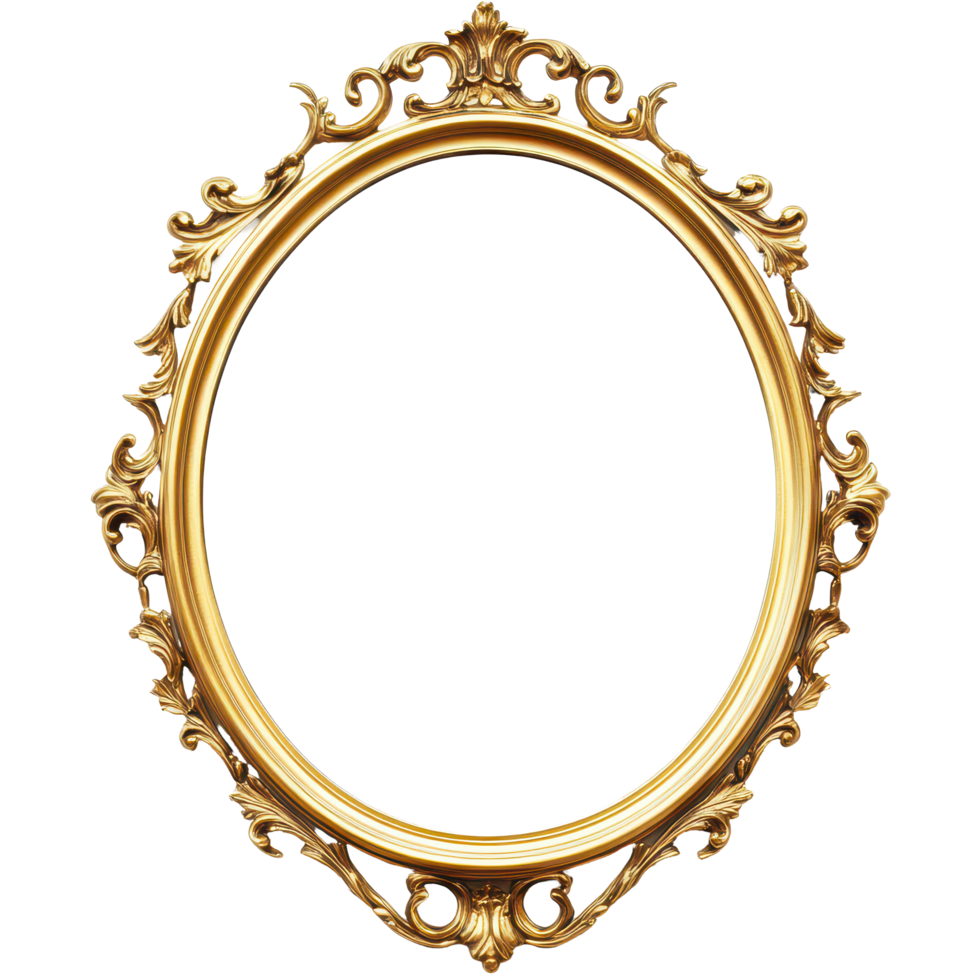 Antique round oval gold picture mirror frame isolated on a transparent background highlighting intricate, Antique round oval gold picture mirror frame isolated on transparent background png