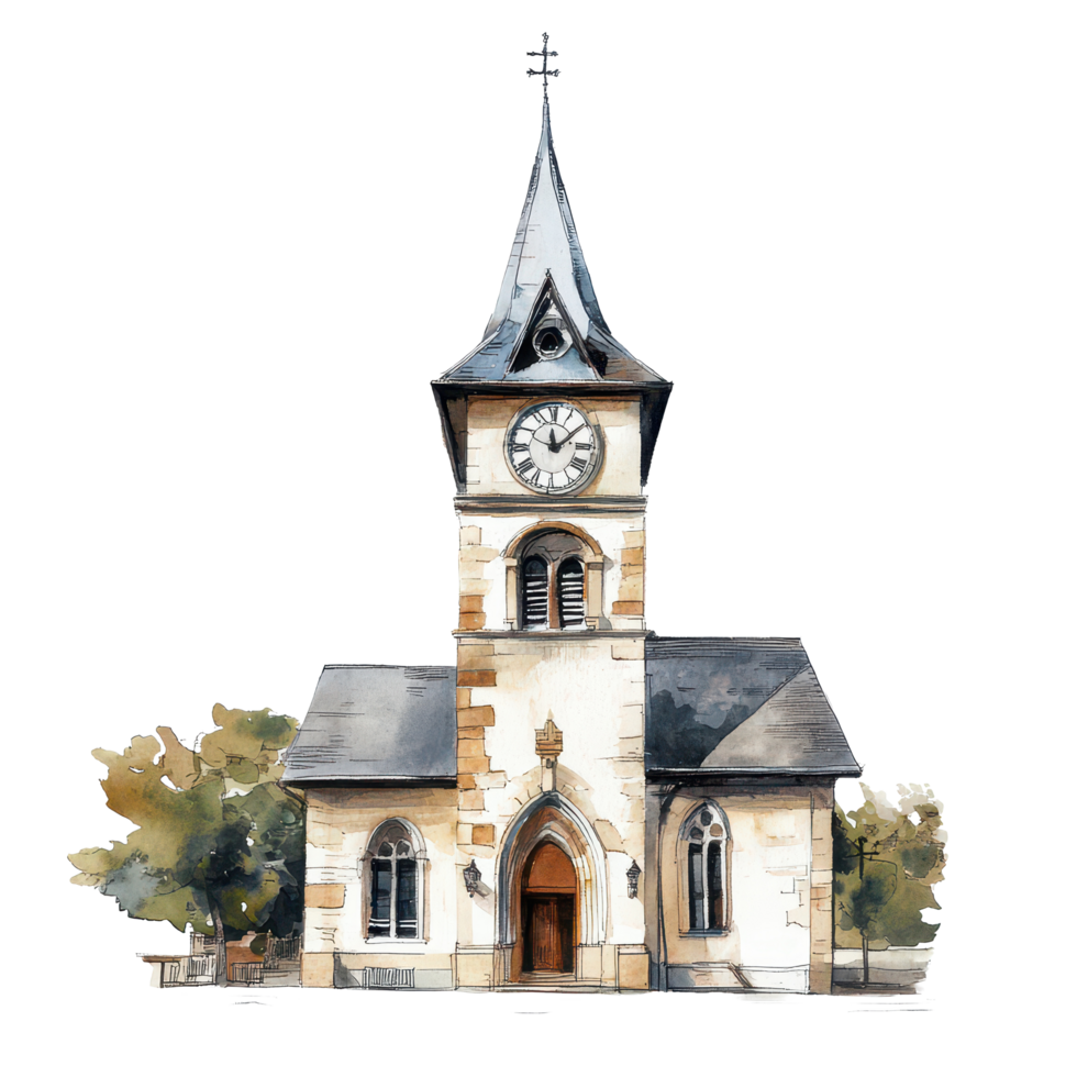 A beautiful church with a large clock tower set against a bright transparent background showcases architectural charm, A church with a large clock tower, transparent background. png