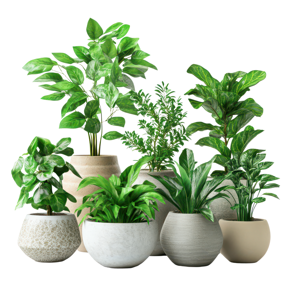 A collection of beautiful green plants in ceramic pots against a clean transparent background, Beautiful plants in ceramic pots on transparent background png