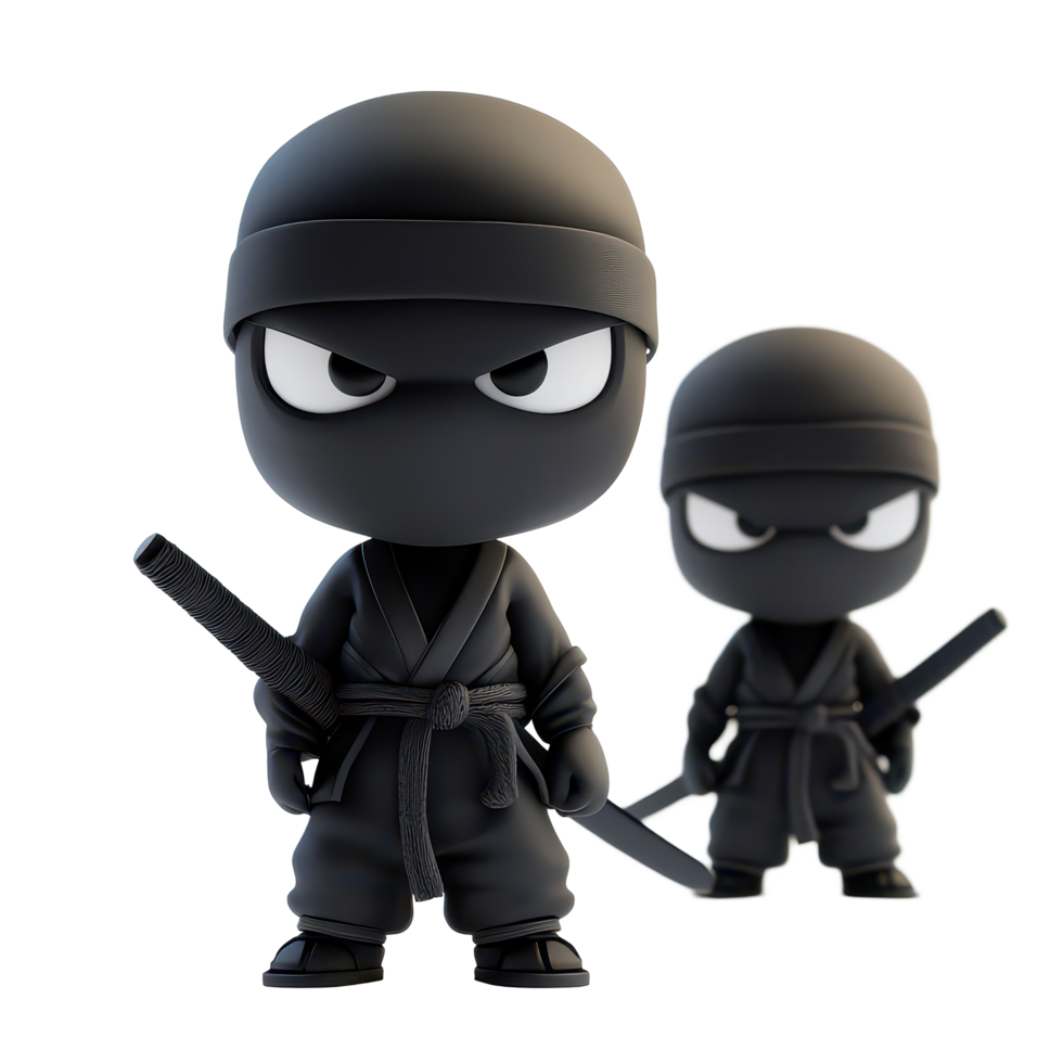 Cartoon ninja characters with swords standing confidently on a transparent background, 3D Cartoon Ninja Characters on transparent background png