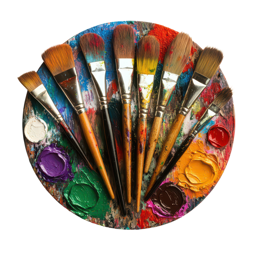 A vibrant artistic palette featuring assorted paintbrushes and colorful paints arranged neatly for creative expression, Artistic Palette with Paintbrushes and Paints, transparent background. png