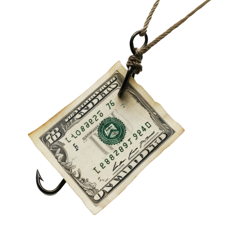 A banknote caught on a fishing hook against a transparent background highlighting the contrast of money and fishing, Banknote on Fishing Hook, transparent background. png