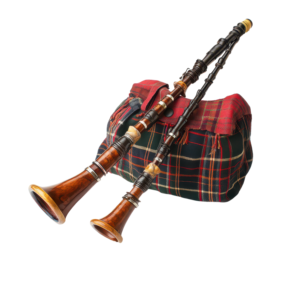 Traditional Scottish bagpipe displayed with a tartan bag, highlighting cultural heritage and craftsmanship, a traditional Scottish bagpipe with a tartan bagpipe bag, transparent background. png