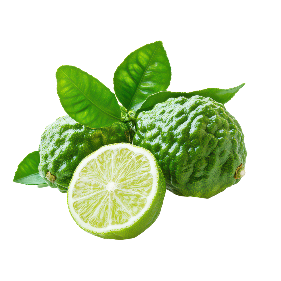 Fresh bergamot fruit and lime halves on a transparent background showcasing vibrant green color and texture, Bergamot or Thai lime isolated on transparent background png