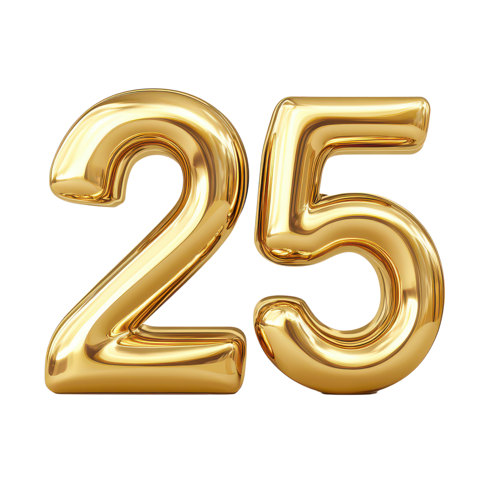 Golden numbers representing 25 for celebrating New Year's festivities at a joyful gathering in a festive, 3D Gold Numbers 2025 for New Year Celebration on transparent background png