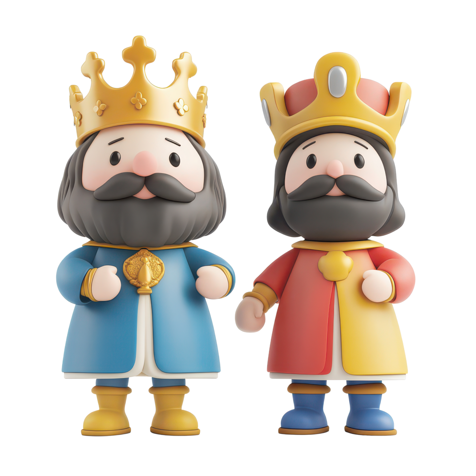 Cartoon kings with distinct crowns and outfits posing together on a bright transparent background, 3D Cartoon Kings Characters on transparent background png