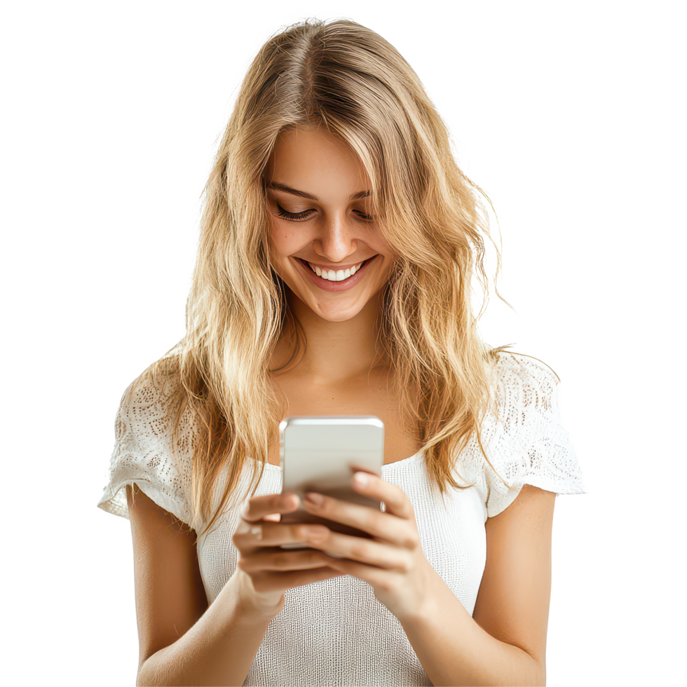A beautiful girl enjoying her smartphone in a bright and airy environment on a clean transparent background, beautiful girl using cell phone isolated on , transparent background. png