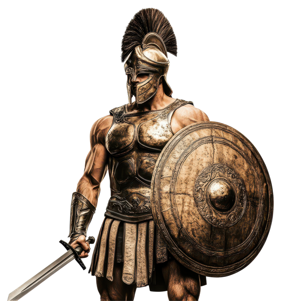 An ancient Greek warrior stands ready for battle with sword and shield, embodying the strength of a legendary era, ancient greek warrior man sword and shield isolated on transparent background png