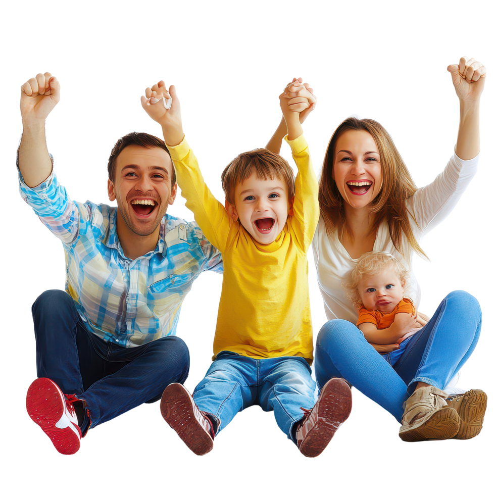 Joyful family celebrating together with children in a bright, cheerful setting, Beauty fun family with happiness children's, transparent background. png