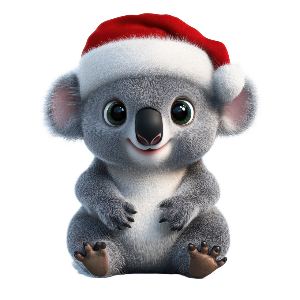 A cheerful cartoon koala wearing a Santa hat enjoys the festive season against a transparent background, 3D Cartoon Koala in Santa Hats on transparent background png