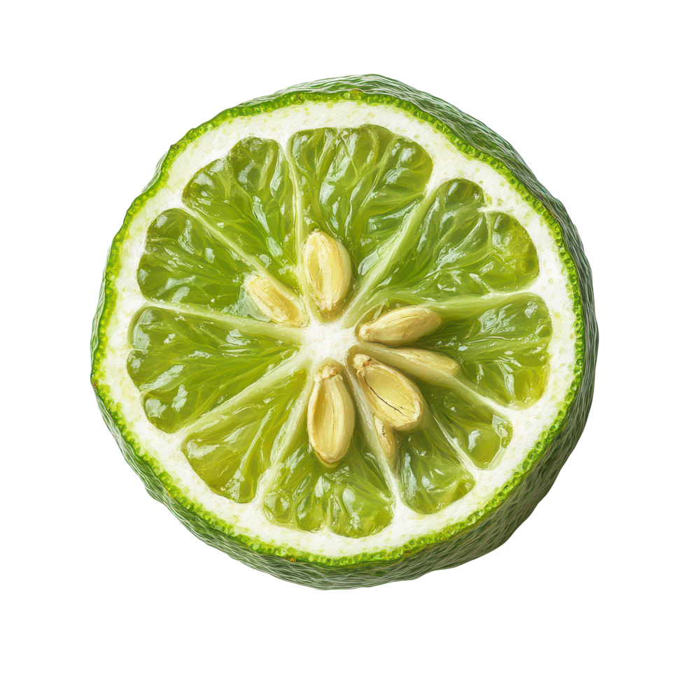Half of bergamot or Thai lime with seeds on a transparent background showcasing its vibrant color and texture, A half of bergamot or Thai lime with seeds isolated on transparent background png