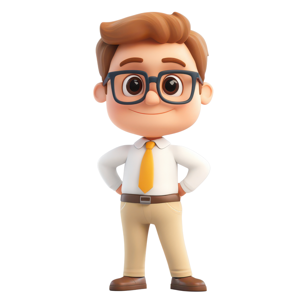 Cheerful cartoon teacher character standing confidently with glasses on a bright transparent background, 3D Cartoon Teacher Character Isolated on transparent background png