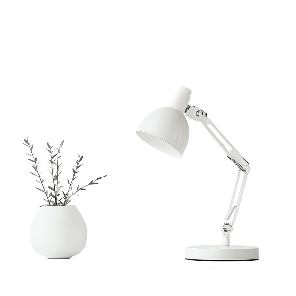 A modern desk lamp illuminating a minimalist workspace with a decorative plant on a sleek surface, A minimalistic desk lamp on a clean transparent background png