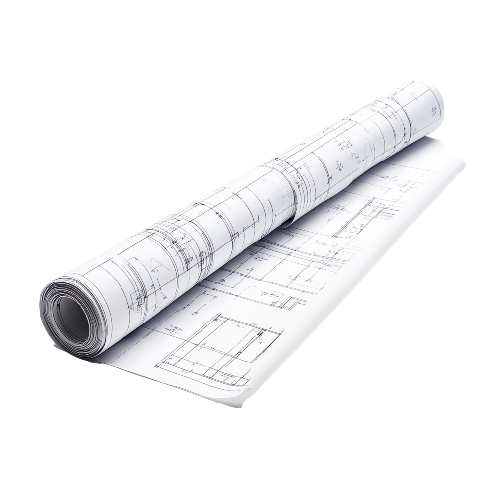 Detailed architectural blueprints and rolled plans displayed on a transparent background for construction projects, Architectural blueprints and blueprint rolls on transparent background png