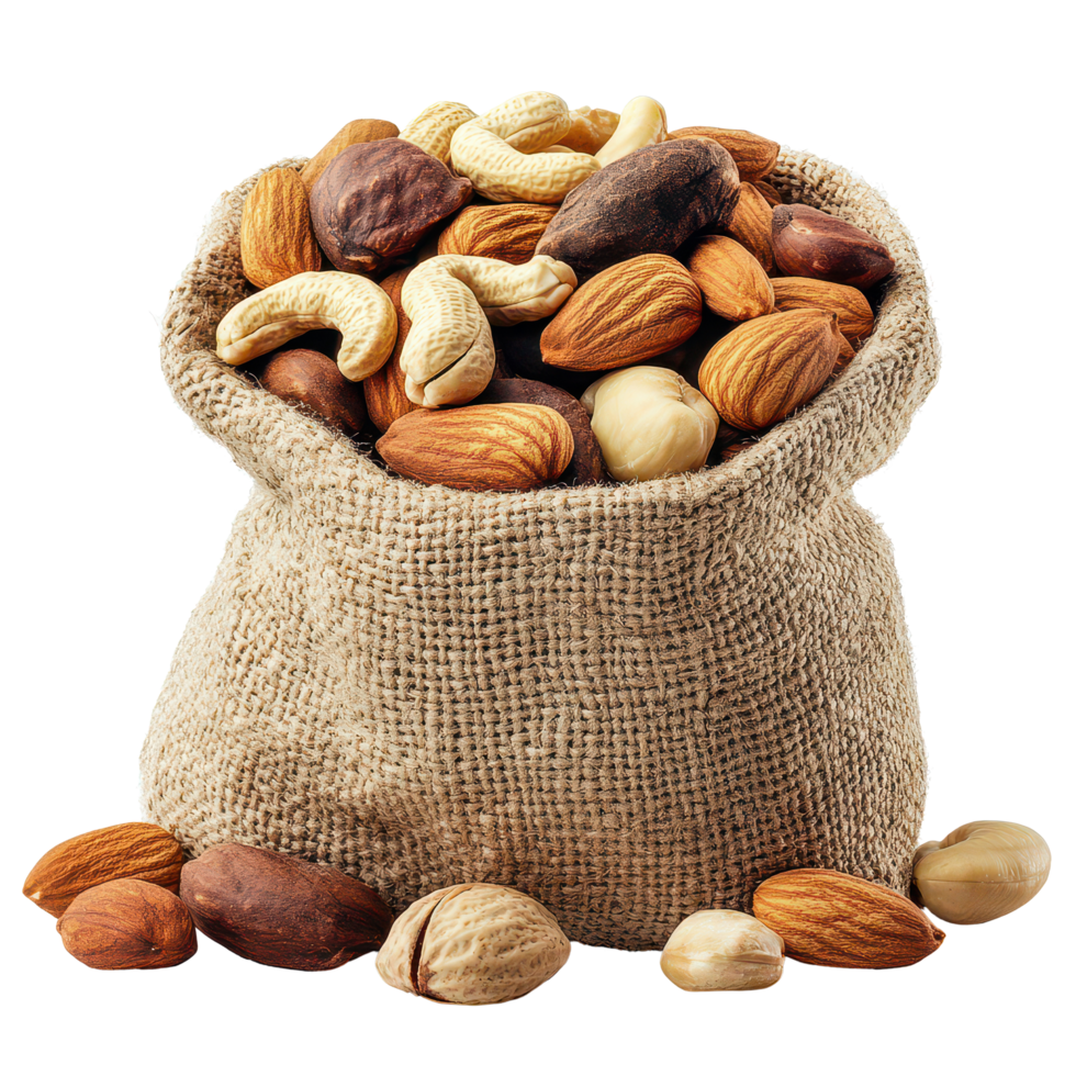 A burlap sack filled with a variety of mixed nuts on a clean transparent background, Bag mixed nuts, transparent background. png