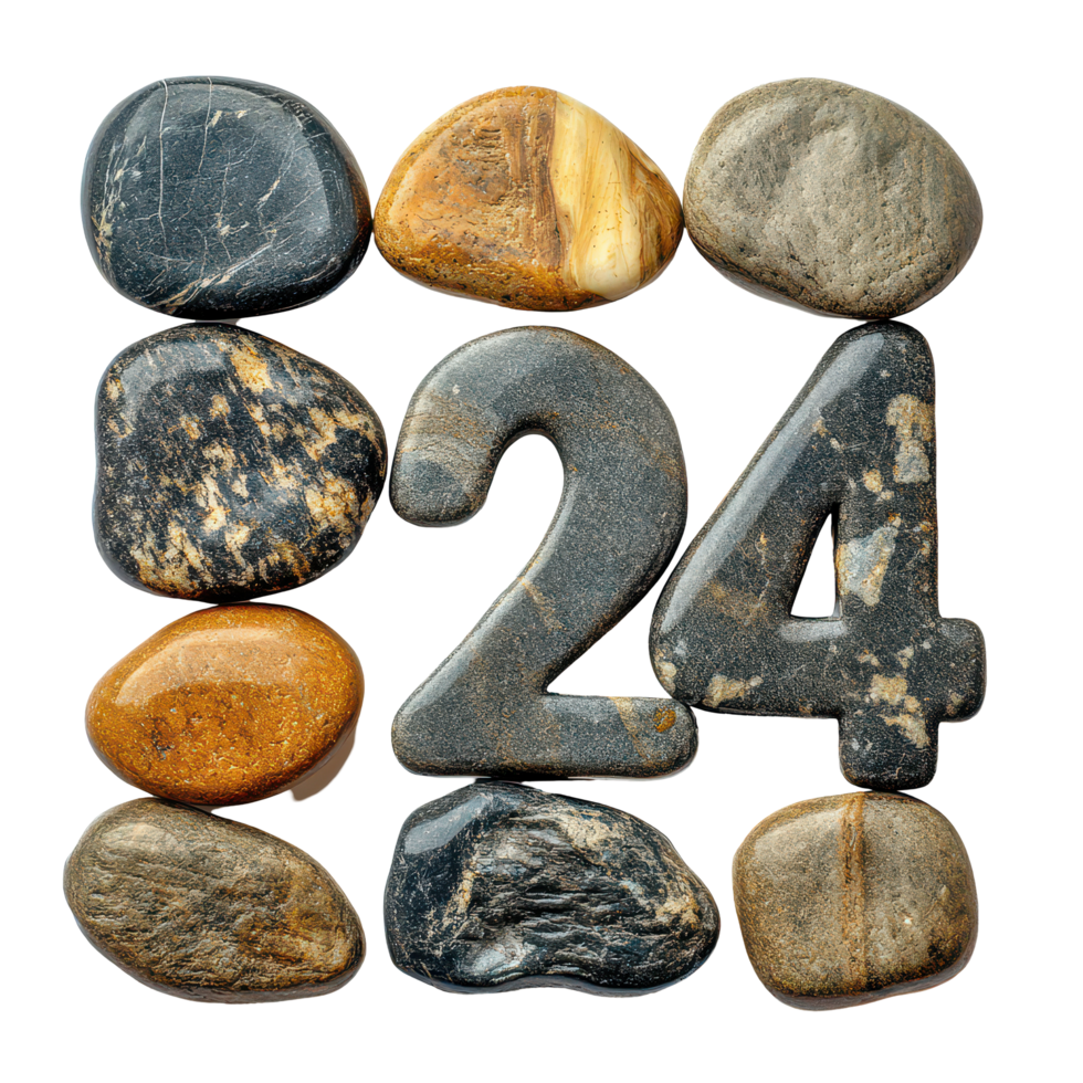 Colorful pebbles arranged to create the New Year number 2024 on a transparent background, 2024 New Year Number Made Pebbles on transparent background png