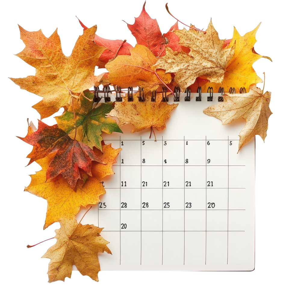 Autumn-themed calendar surrounded by colorful fall leaves on a transparent background, Autumn-themed calendar in front fall leaves, transparent background. png