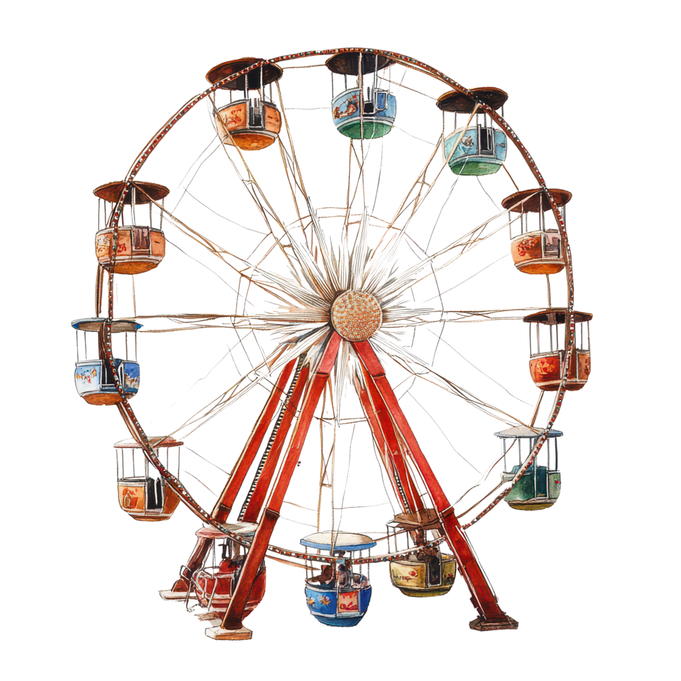 A colorful Ferris wheel stands prominently against a transparent background, showcasing its charming gondolas and structure, a portrait a Ferris wheel, transparent background. png