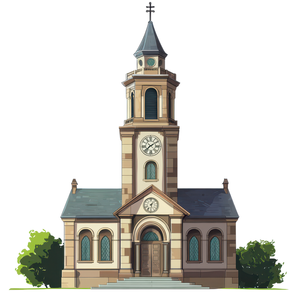 A beautiful church featuring a large clock tower against a bright transparent background during daytime, A church with a large clock tower, transparent background. png