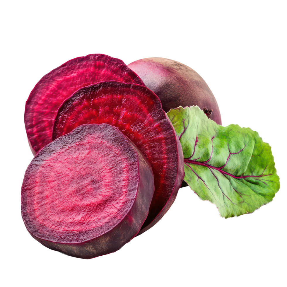 Fresh beetroot slices with vibrant green leaf arranged against a clean transparent background, Beetroot slices with leaf isolated on transparent background png