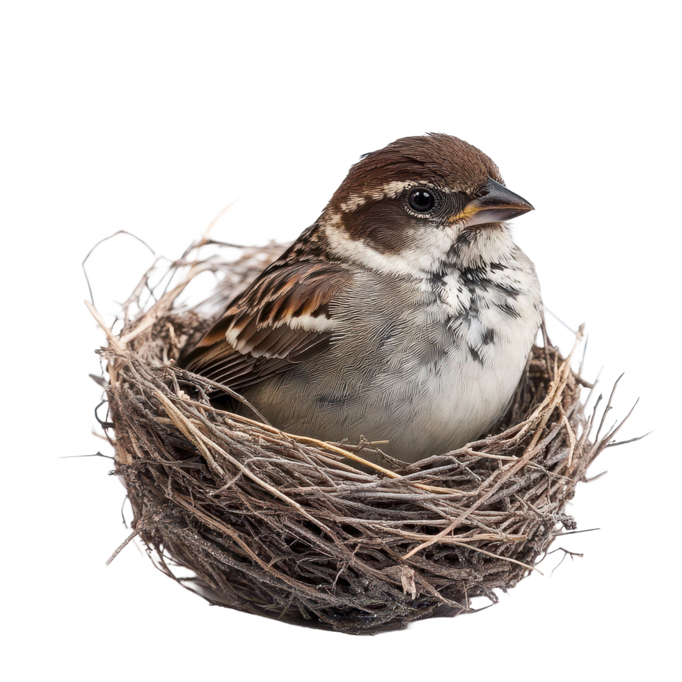 A sparrow resting comfortably in its nest, showcasing tranquility against a clean transparent background, beautiful sparrow in its nest on transparent background png