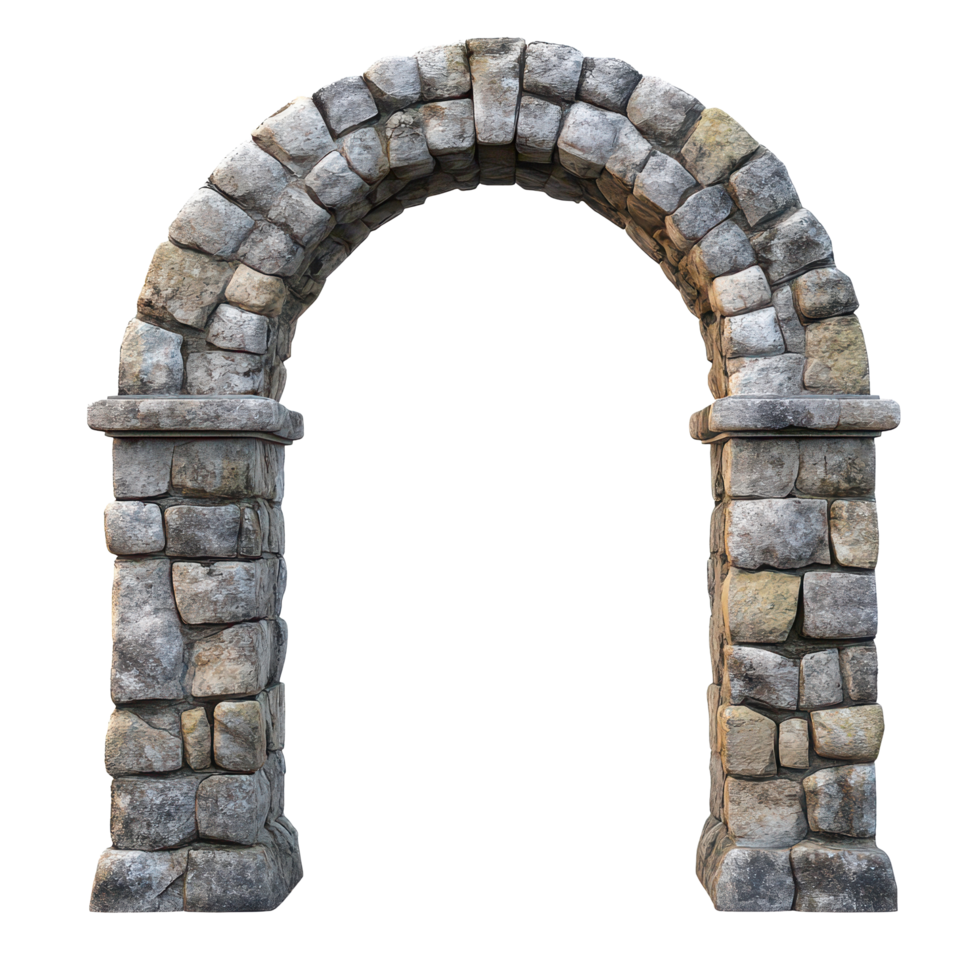 Ancient stone archway with weathered stones against a transparent background, showcasing enduring craftsmanship and history, Ancient Stone Archway - transparent background png