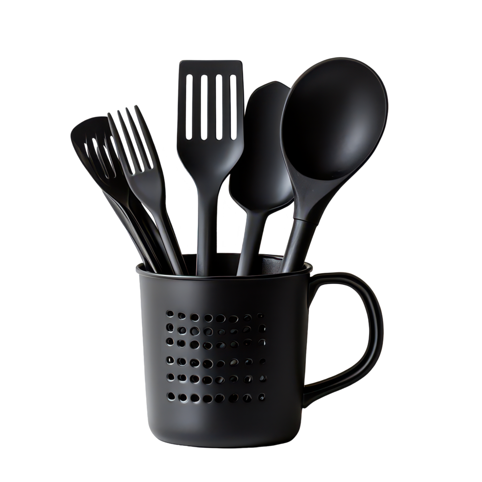 A collection of black kitchen utensils arranged in a cup against a clean transparent background, Assorted kitchen utensils isolated on transparent background png
