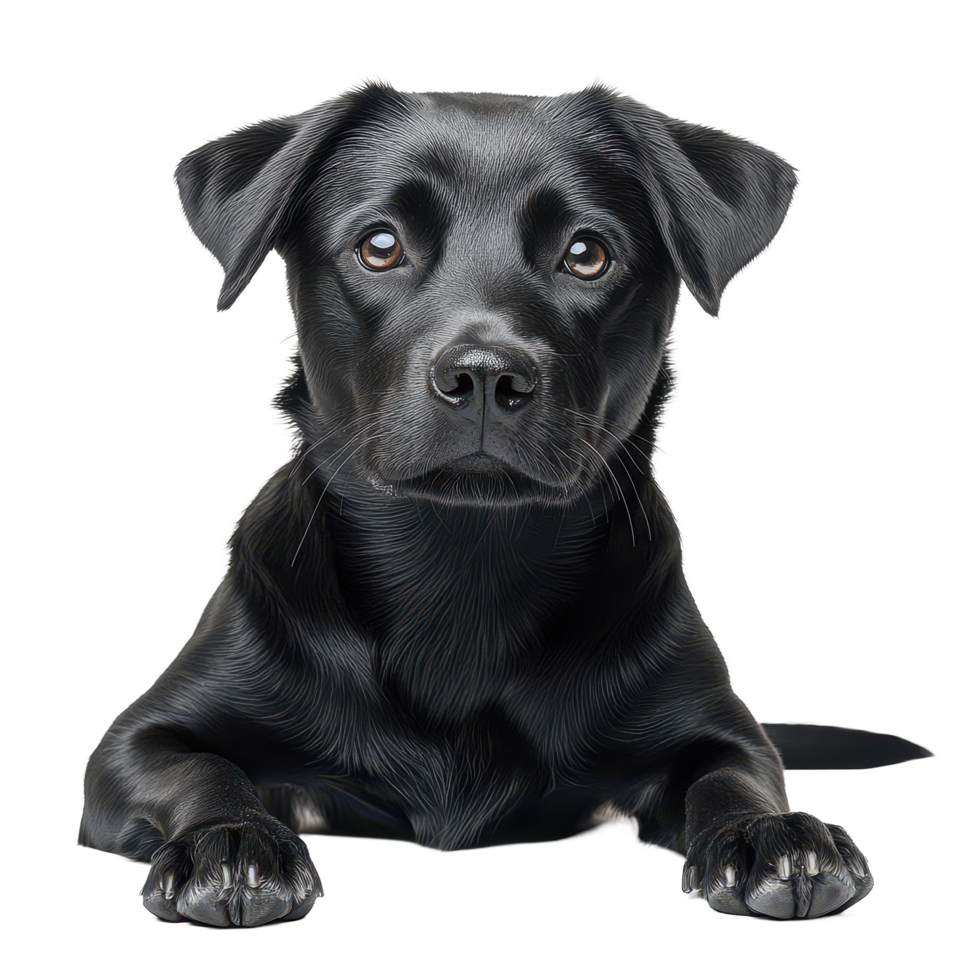 A black dog resting attentively on a transparent background, showcasing its glossy fur and expressive eyes, black dogisolated on transparent background png