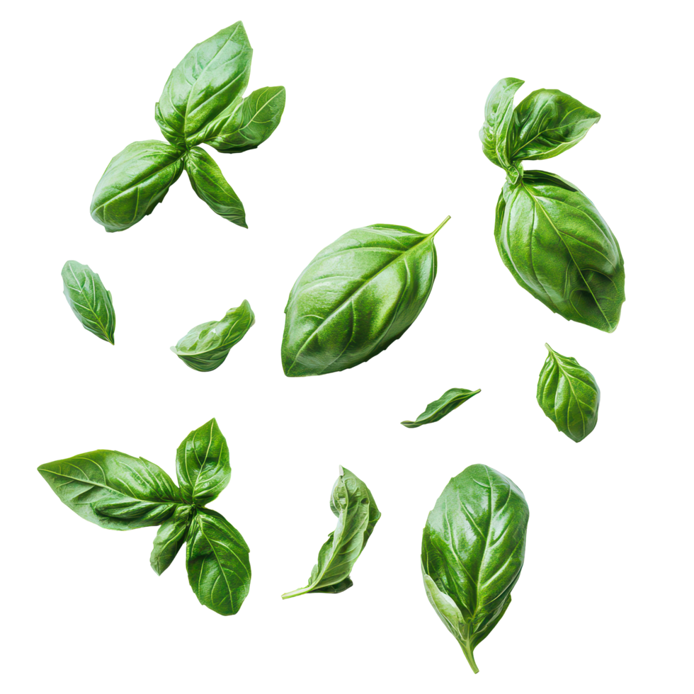 Fresh basil leaves scattered on a transparent background ideal for culinary use and food preparation, Basil vegetable as food ingridient transparent background png